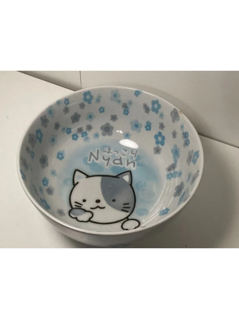 RARE Nyan Cat Blue Flowers Pet Food/Water Dish Bowl Ceramic - SMALL CHIP Japan